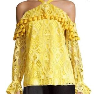 Alexis lace off the shoulder Pom Pom Blouse flutter sleeve Women’s Medium Easter